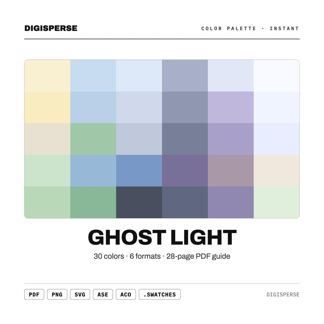 Ghost Light Color Palette | 30 Colors | Hex RGB CMYK | Color Guide | Procreate Swatches + ASE | Digital Download