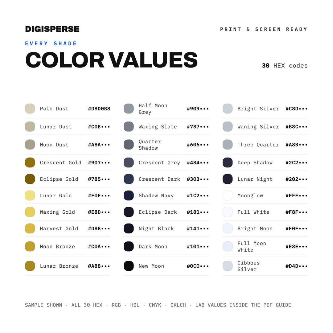Lunar Cycle Color Palette | 30 Procreate Swatches, HEX, RGB, CMYK (Digital Download)