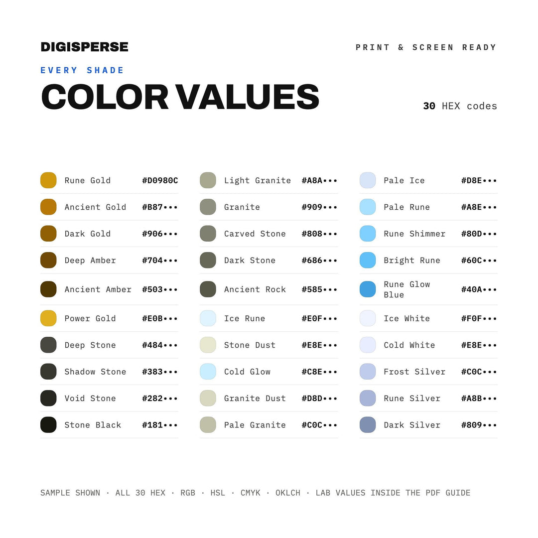 Mystic Runes Color Palette | 30 Colors | Hex RGB CMYK | Color Guide | Procreate Swatches + ASE | Digital Download