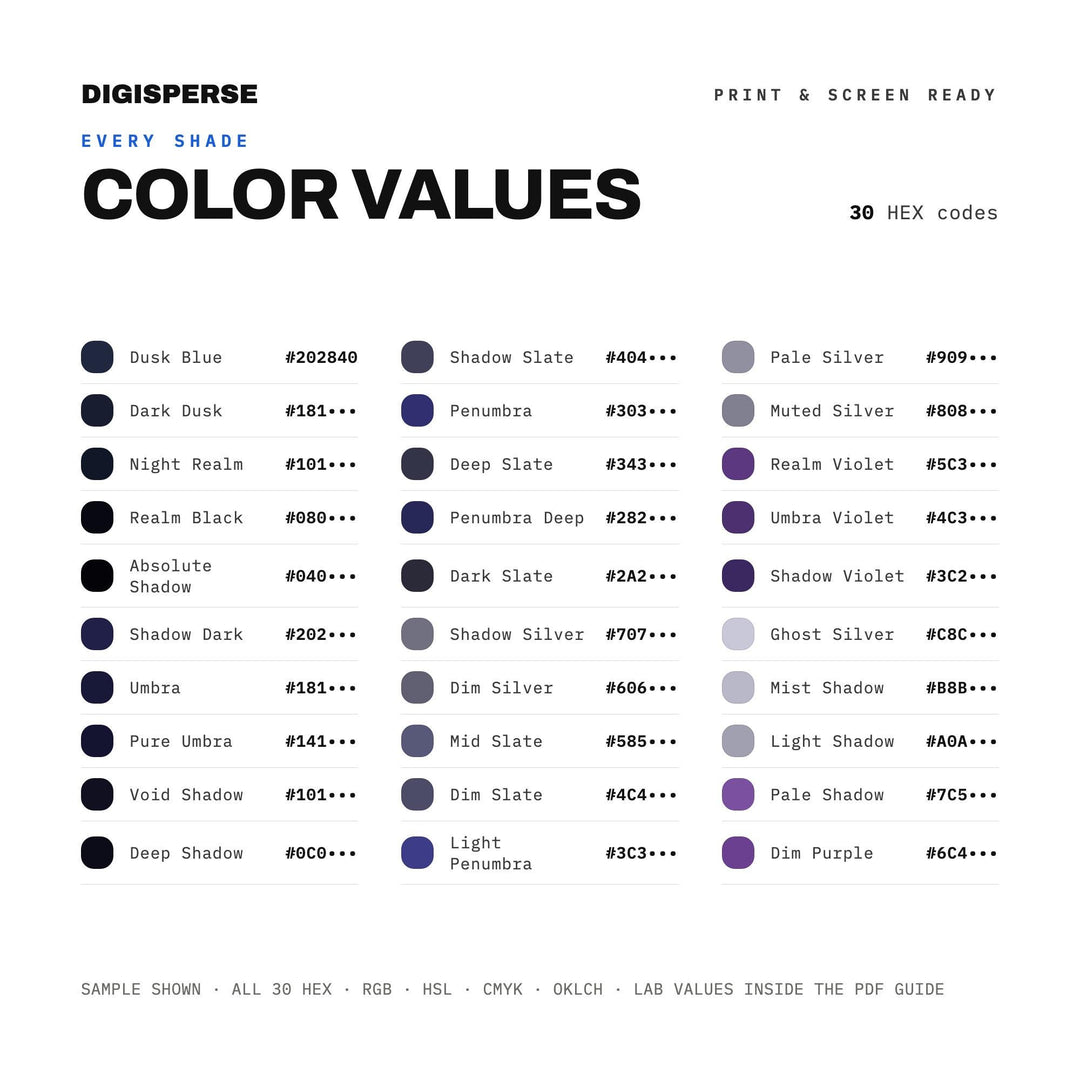 Shadow Realm Color Palette | 30 Colors | Hex RGB CMYK | Color Guide | Procreate Swatches + ASE | Digital Download