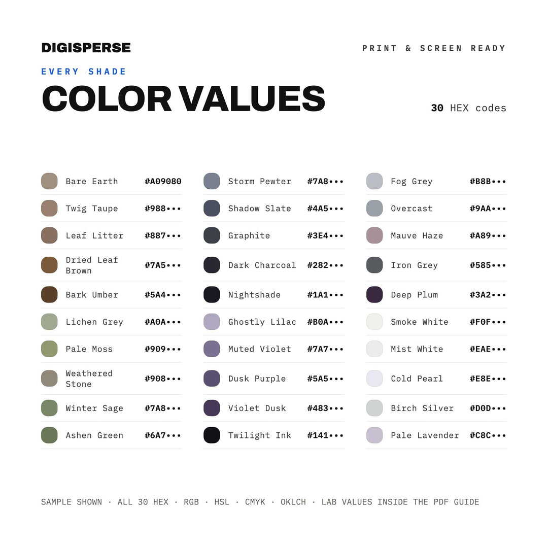 Muted Grey Color Palette for Moody Autumn Art and Eerie Halloween Branding, 30 October Fog Hues, Procreate Swatches