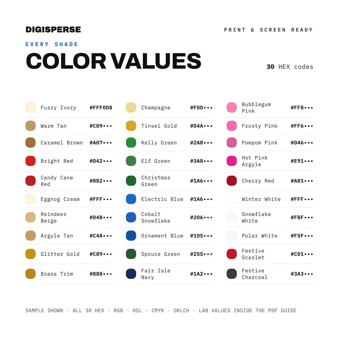 Ugly Sweater Party Color Palette | 30 Festive Hex, RGB, CMYK Swatches (Digital Download)