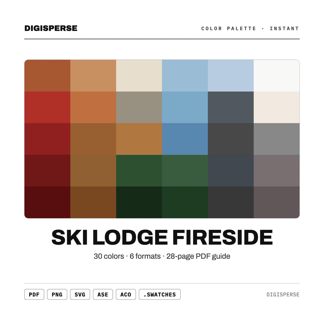 Warm Rustic Color Palette for Cozy Winter Cabin Art and Alpine Branding, 30 Fireside Ember Hues, Procreate Swatches