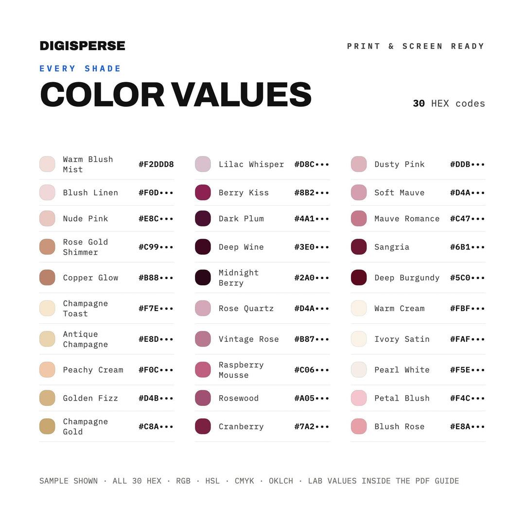 Romantic Blush Color Palette for Couples Getaway Art and Valentine Branding, 30 Weekend Away Hues, Procreate Swatches