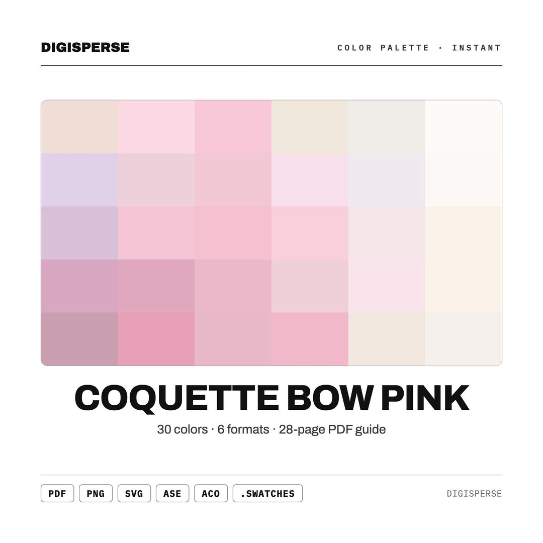 Coquette Bow Pink Color Palette | 30 Colors | Hex RGB CMYK | Procreate Swatches + ASE | Digital Download