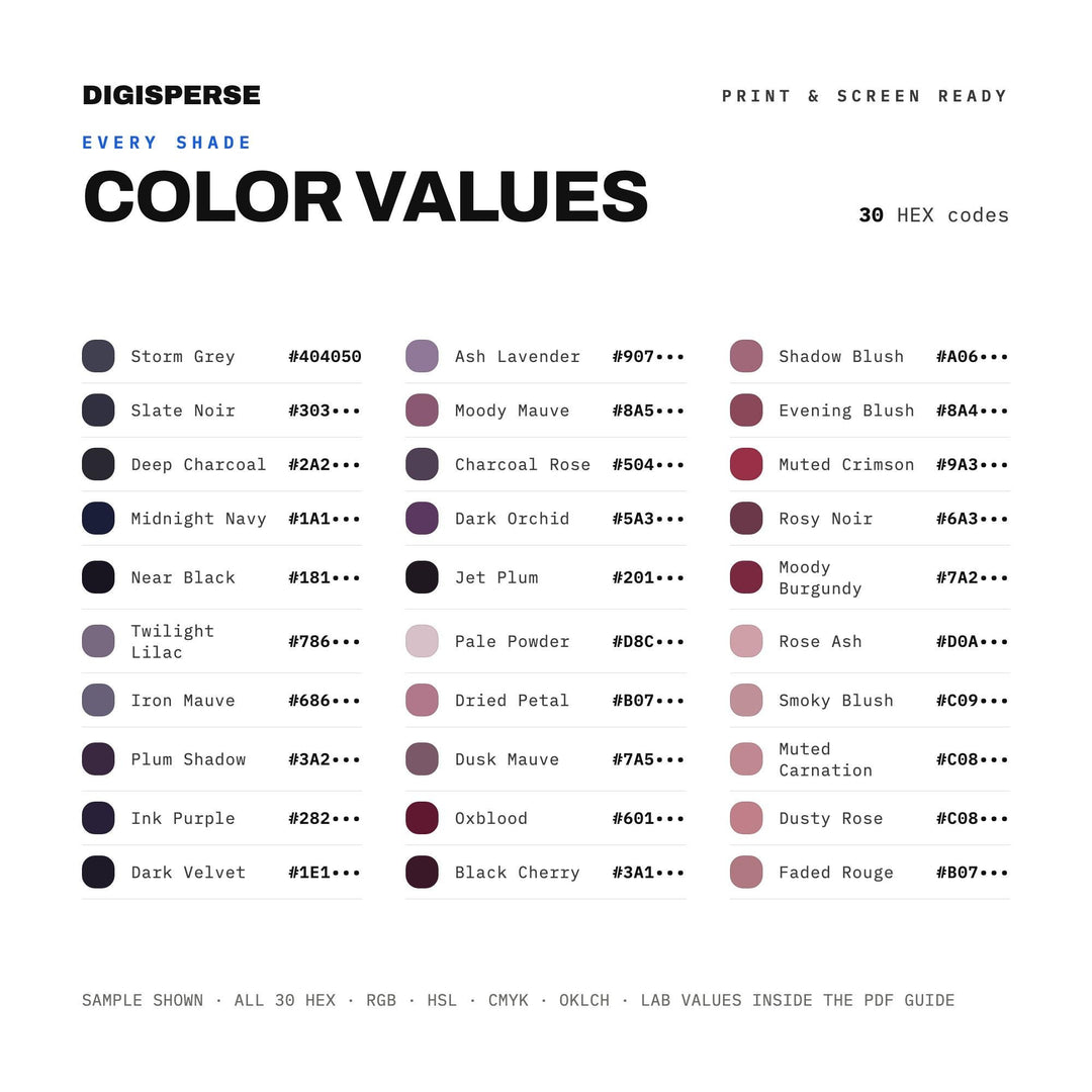 Dark Coquette Color Palette | 30 Colors | Hex RGB CMYK | Procreate Swatches + ASE | Digital Download