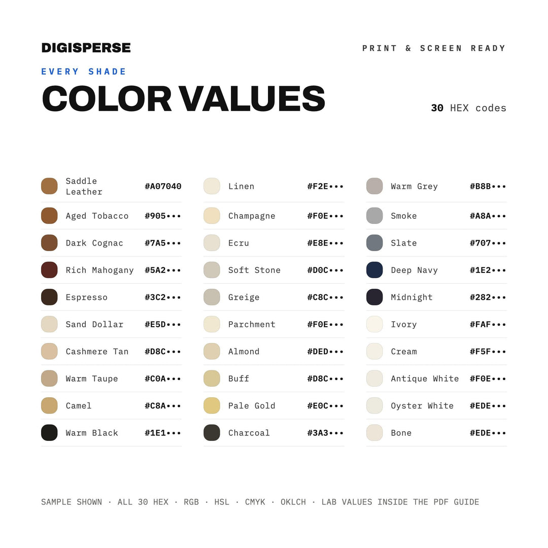 Old Money Quiet Luxury Color Palette | 30 Colors | Hex RGB CMYK | Procreate Swatches + ASE | Digital Download