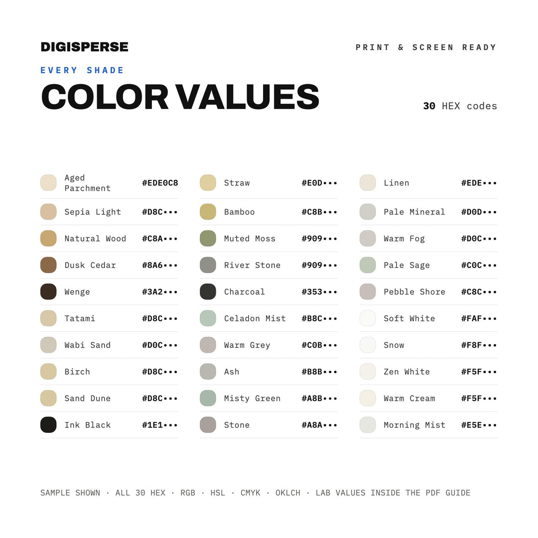 Japandi Interior Color Palette | 30 Colors | Hex RGB CMYK | Procreate Swatches + ASE | Digital Download