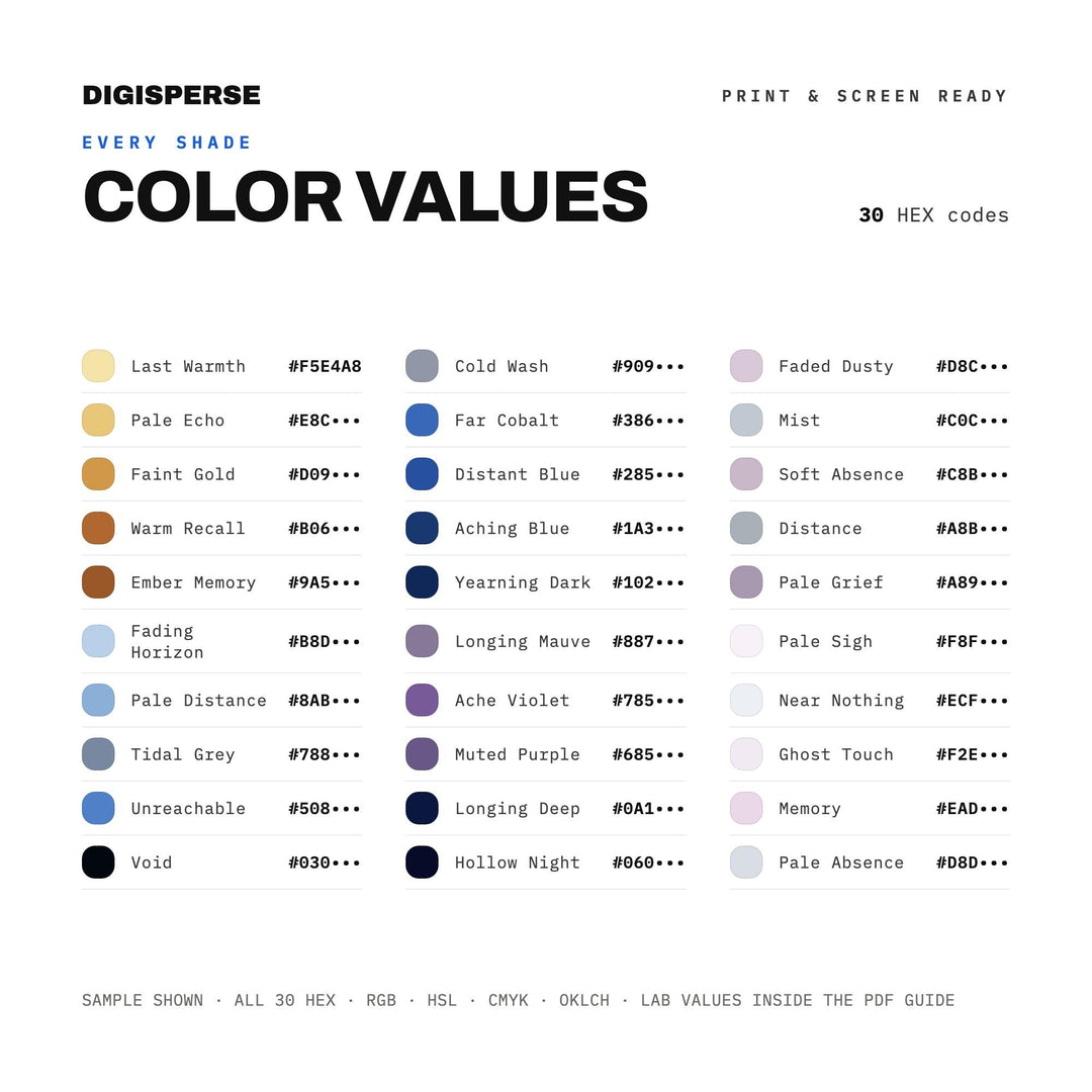 Deep Longing Color Palette | 30 Moody Blue-Violet Tones (Procreate, ASE, PDF)