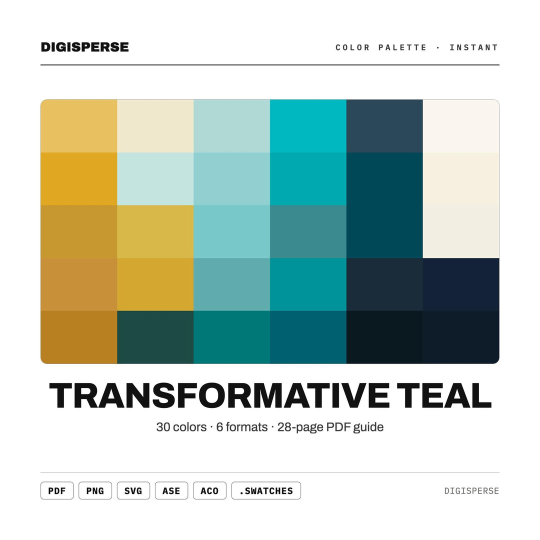 Transformative Teal Color Palette | 30 Colors | Hex RGB CMYK | Procreate Swatches + ASE | Digital Download