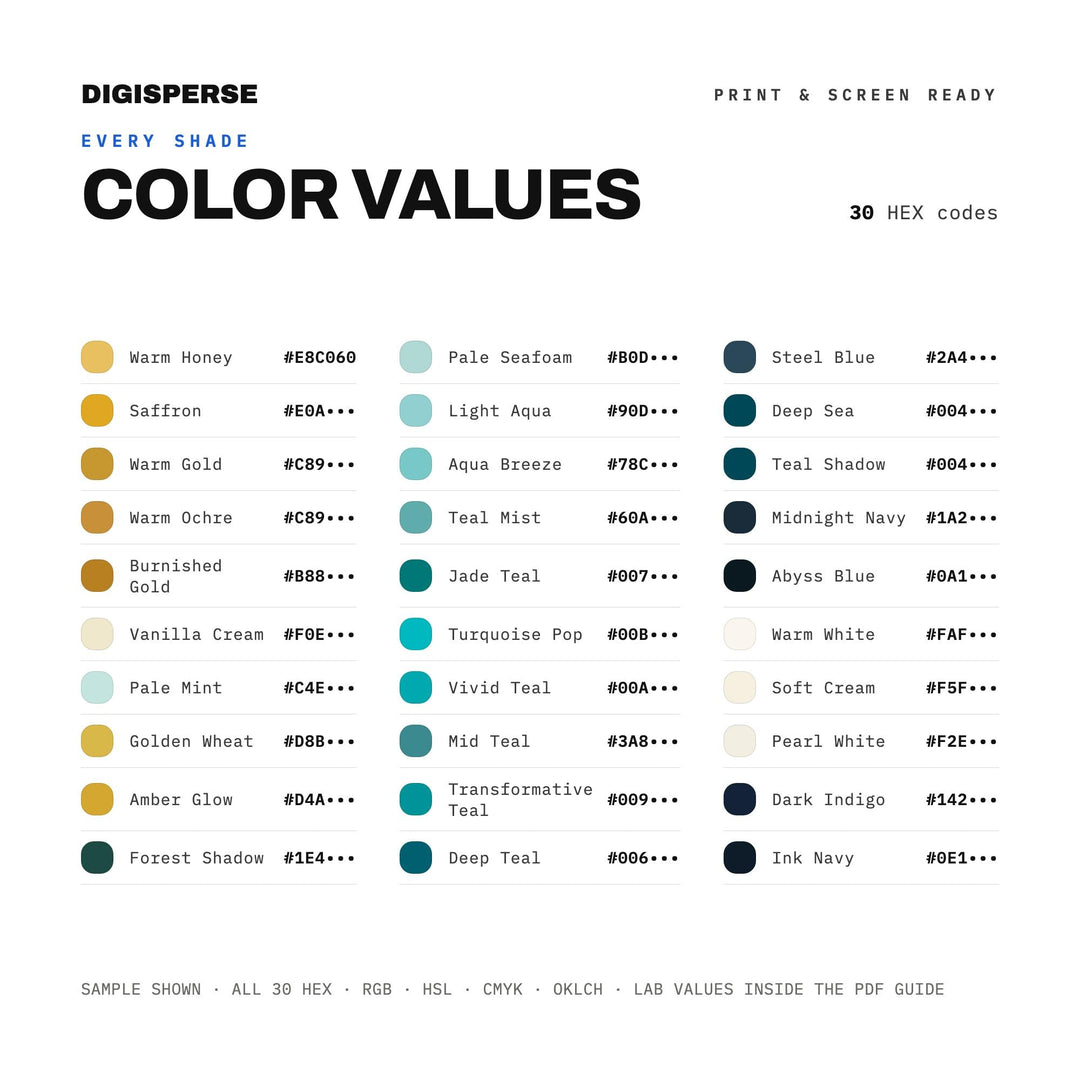 Transformative Teal Color Palette | 30 Colors | Hex RGB CMYK | Procreate Swatches + ASE | Digital Download