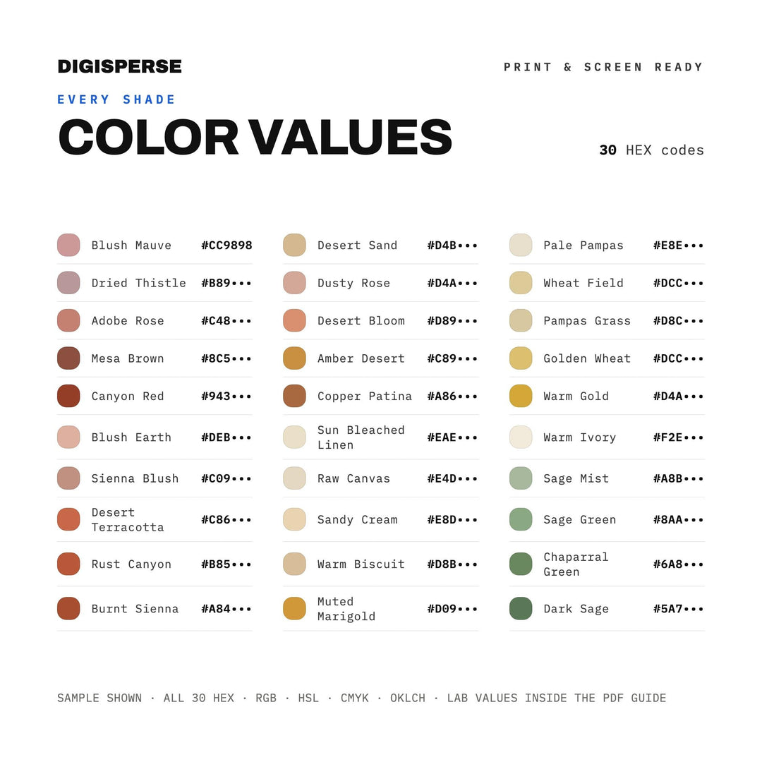 Terracotta Boho Color Palette for Desert Wedding Art and Rustic Branding, 30 Sunset Sand Hues, Procreate Swatches