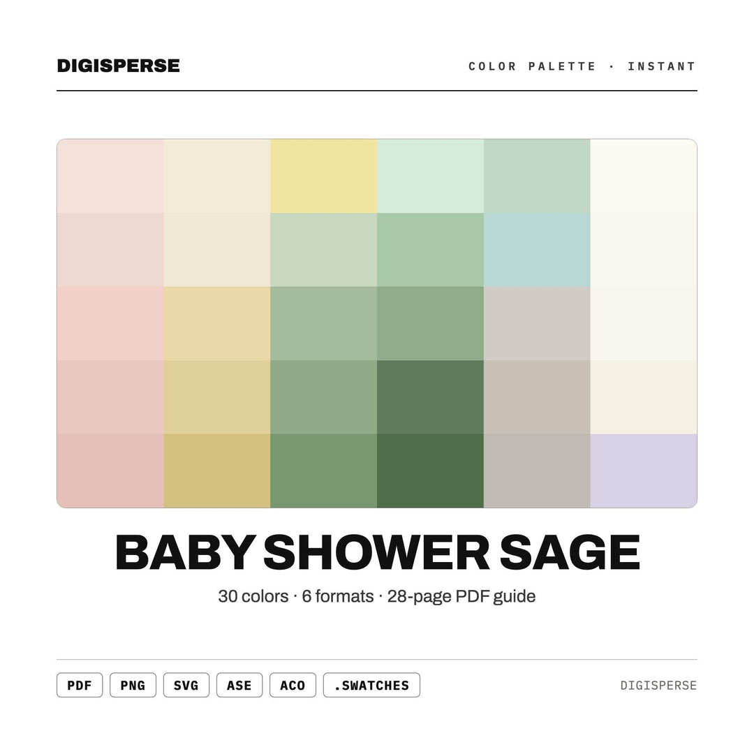Soft Sage Color Palette for Gender Neutral Baby Art and Nursery Branding, 30 Baby Shower Hues, Procreate Swatches