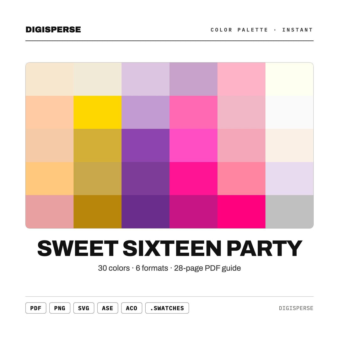 Glam Pink Color Palette for Teen Birthday Art and Celebration Branding, 30 Sweet Sixteen Hues, Procreate Swatches