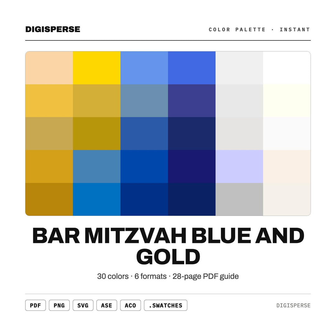 Elegant Blue Gold Color Palette for Bar Mitzvah Art and Jewish Celebration Branding, 30 Festive Party Hues, Procreate Swatches