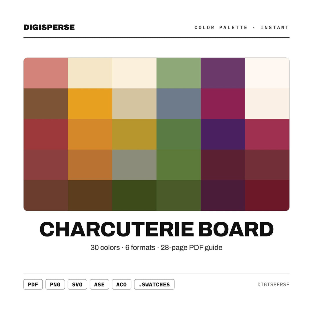Warm Rustic Color Palette for Gourmet Food Art and Cozy Kitchen Branding, 30 Charcuterie Earthy Hues, Procreate Swatches
