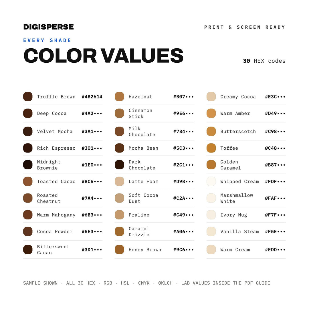 Hot Chocolate Bar Color Palette | 30 Cozy Brown Shades (Digital Download)