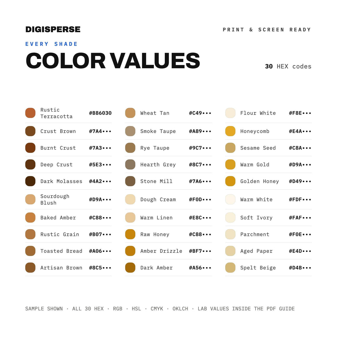 Warm Neutral Color Palette for Artisan Bakery Art and Cozy Kitchen Branding, 30 Sourdough Honey Hues, Procreate Swatches