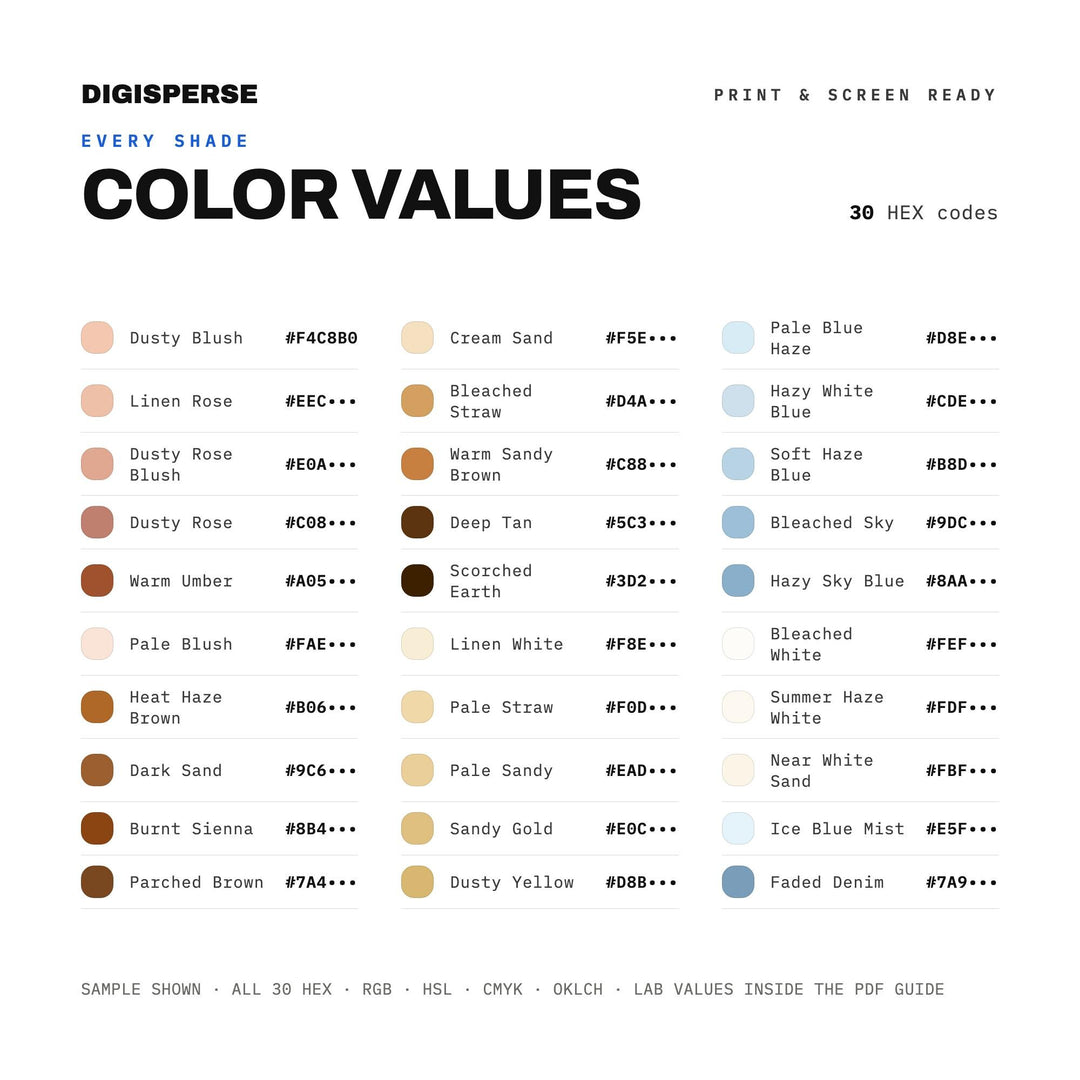 Dog Days of Summer Color Palette | 30 Colors | Hex RGB CMYK | Procreate Swatches + ASE | Digital Download