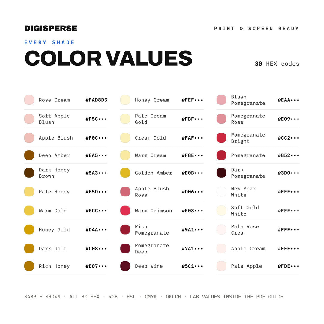 Warm Gold Color Palette for Rosh Hashanah Art and Jewish New Year Branding, 30 Honey Apple Hues, Procreate Swatches
