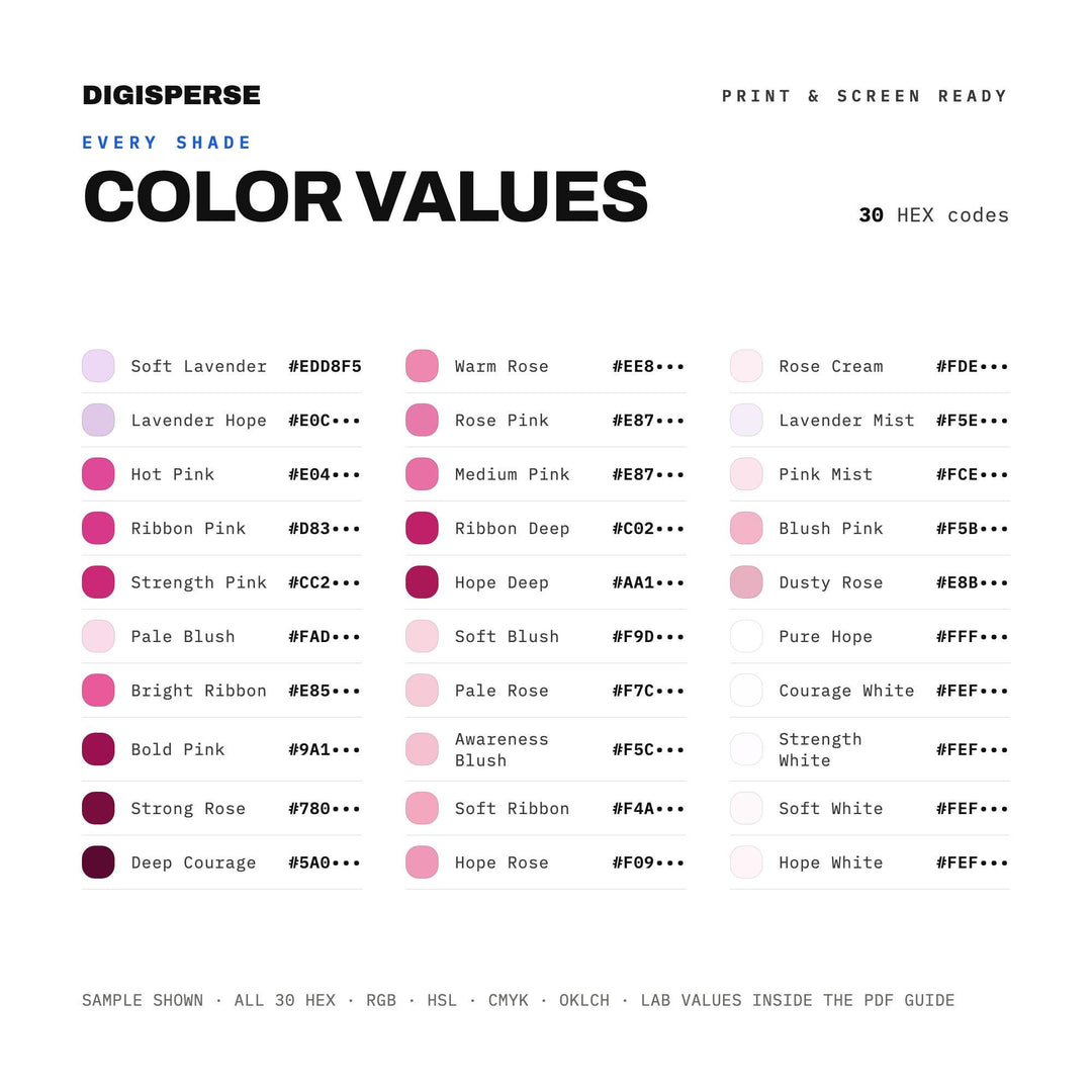 Breast Cancer Awareness Color Palette | 30 Colors | Hex RGB CMYK | Procreate Swatches + ASE | Digital Download