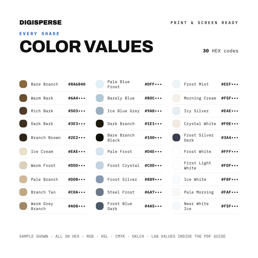 Cool Muted Color Palette for Early Winter Art and Frosty Nature Branding, 30 First Frost Hues, Procreate Swatches