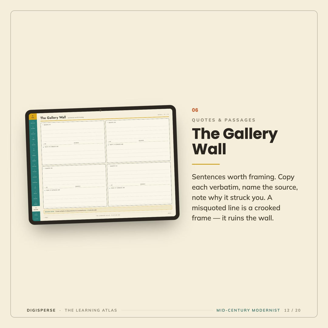 Mid-Century Modern Learning Journal | GoodNotes Study Planner PDF | Cornell Notes, Spaced Repetition, Reading Log | 5 Dated Formats