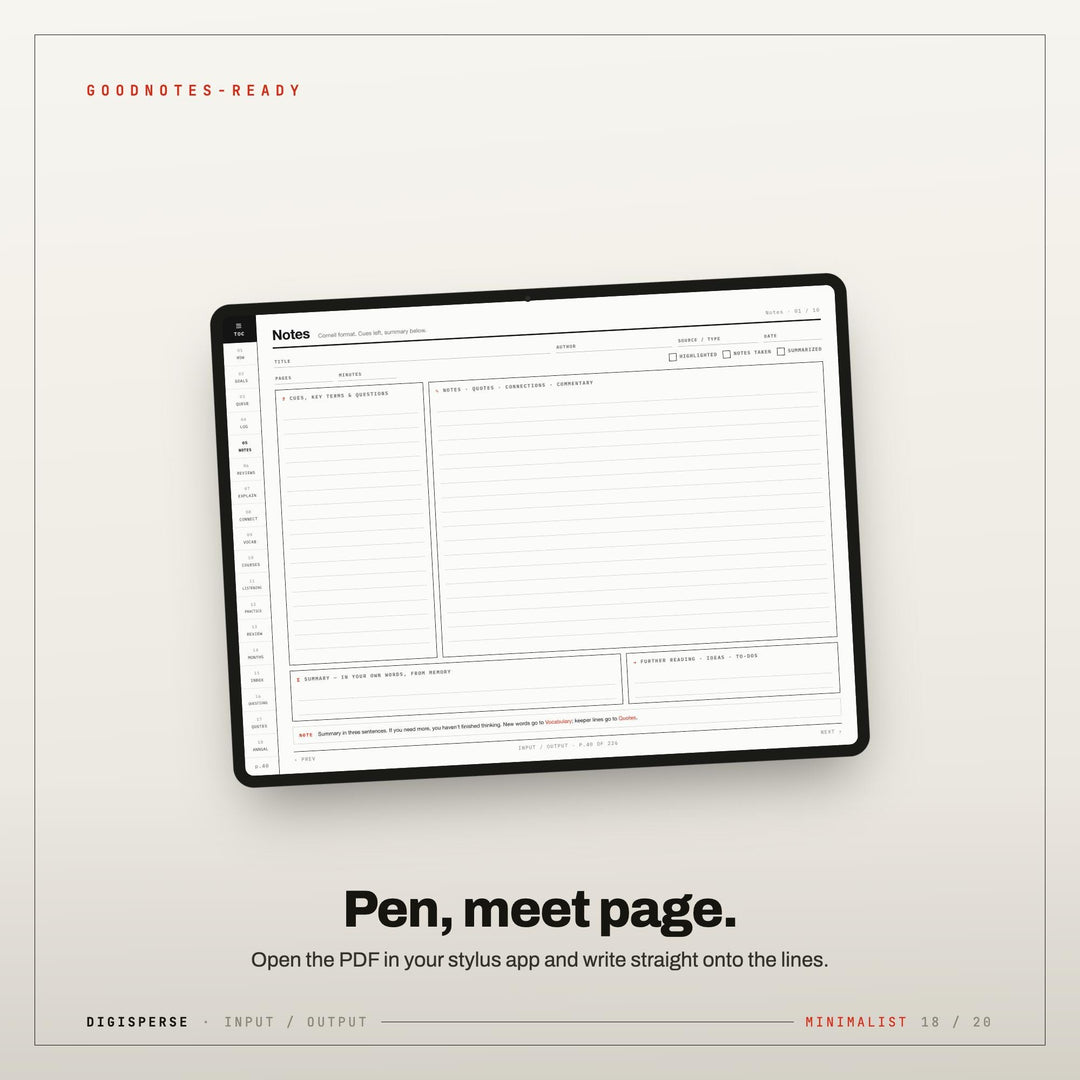 Minimalist Learning Journal | GoodNotes Digital Study Planner PDF | Cornell Notes, Spaced Repetition + Habit Tracker | 5 Dated Formats