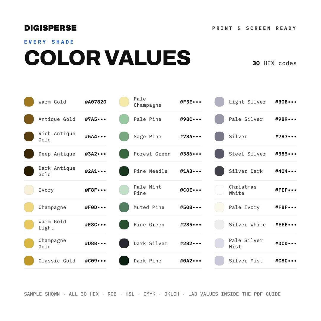 Silver Gold Christmas Color Palette | 30 Procreate Swatches, ASE (Digital Download)