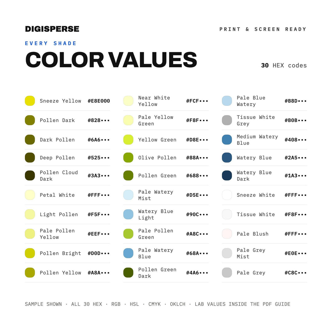 Soft Spring Color Palette for Pollen Bloom Art and Fresh Nature Branding, 30 Hay Fever Hues, Procreate Swatches