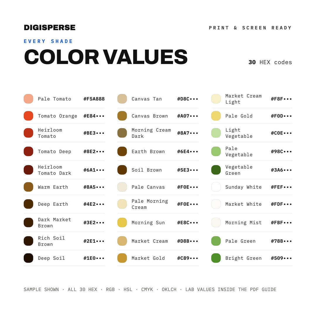 Fresh Rustic Color Palette for Farmers Market Art and Garden Produce Branding, 30 Sunday Harvest Hues, Procreate Swatches