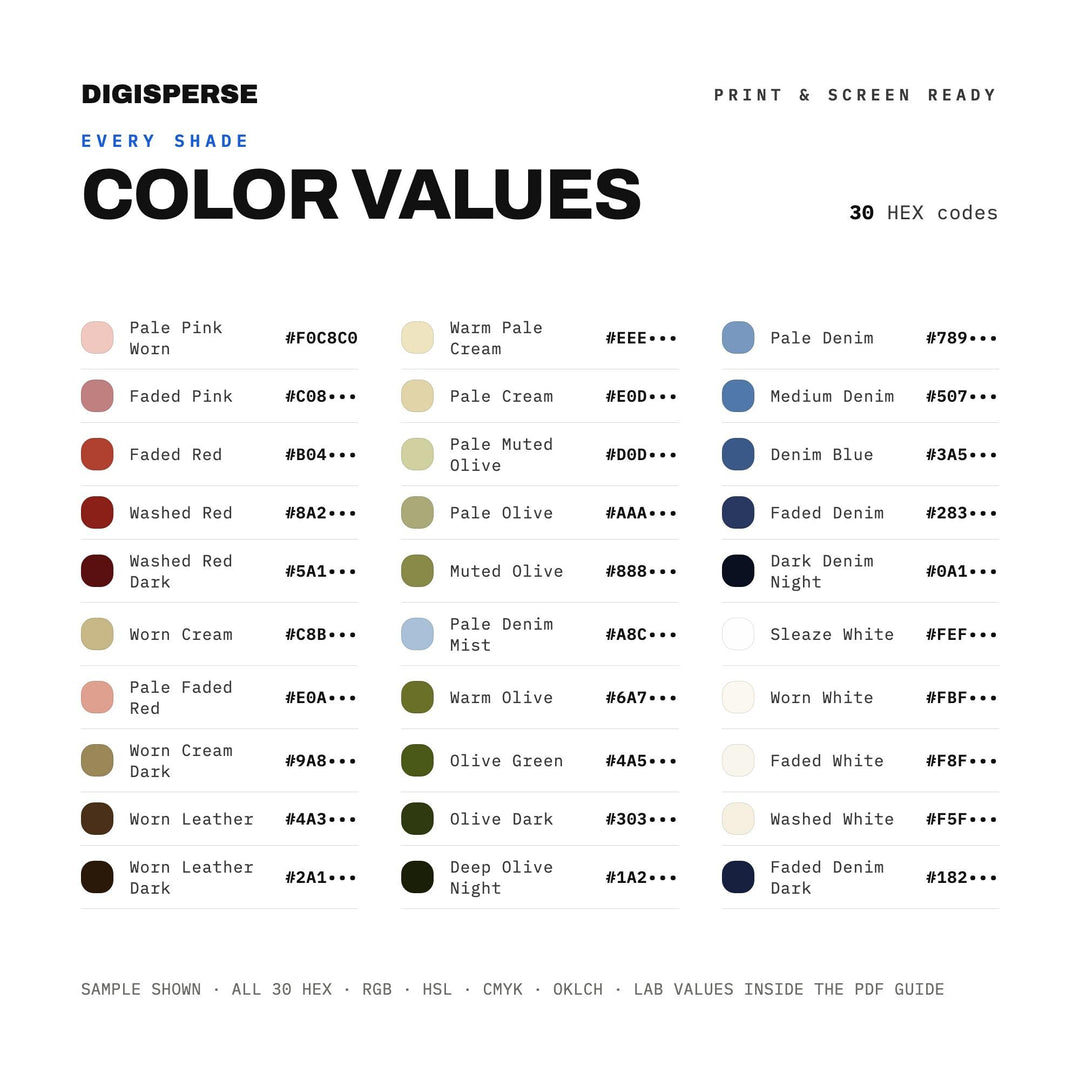 Gritty Flash Color Palette for 2000s Party Art and Grunge Aesthetic Branding, 30 Indie Sleaze Hues, Procreate Swatches