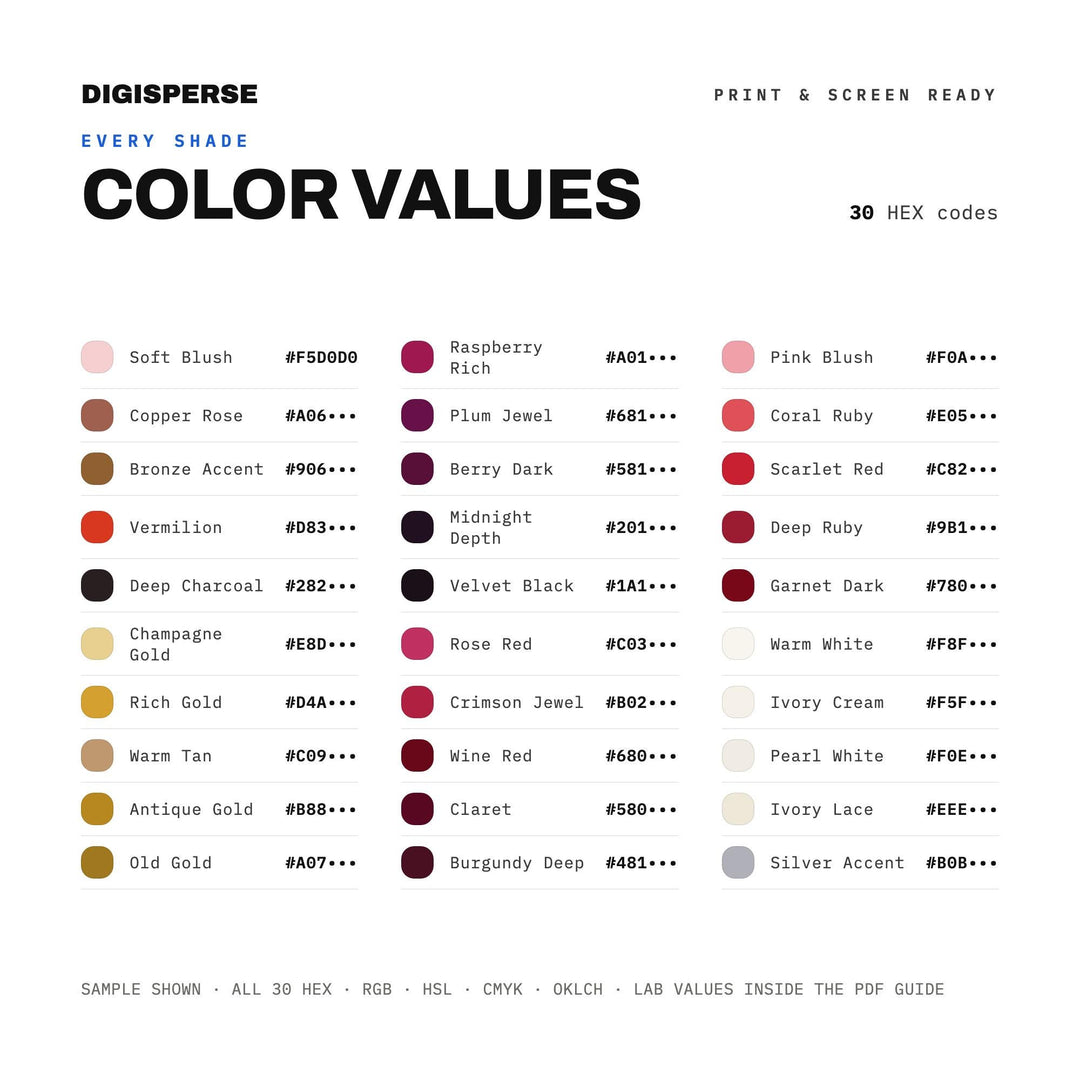 Ruby Anniversary Color Palette | 30 Colors | Hex RGB CMYK | Procreate Swatches + ASE | Digital Download