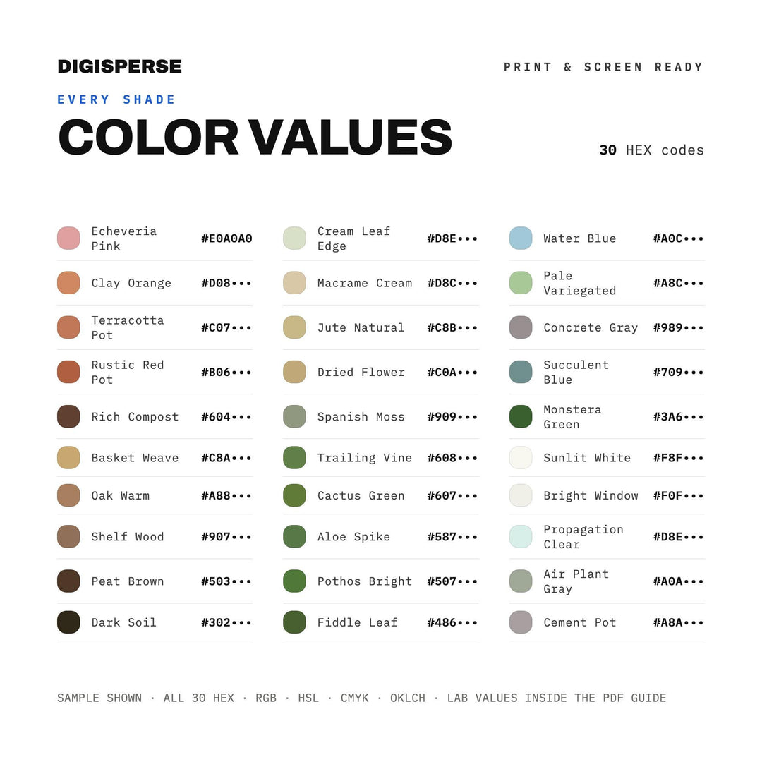 Plant Shelfie Color Palette | 30 Colors | Hex RGB CMYK | Procreate Swatches + ASE | Digital Download