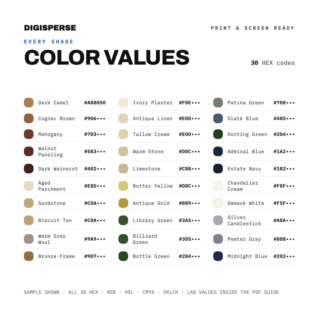 Old Money Estate Color Palette | 30 Procreate Swatches, HEX, RGB, CMYK (Digital Download)