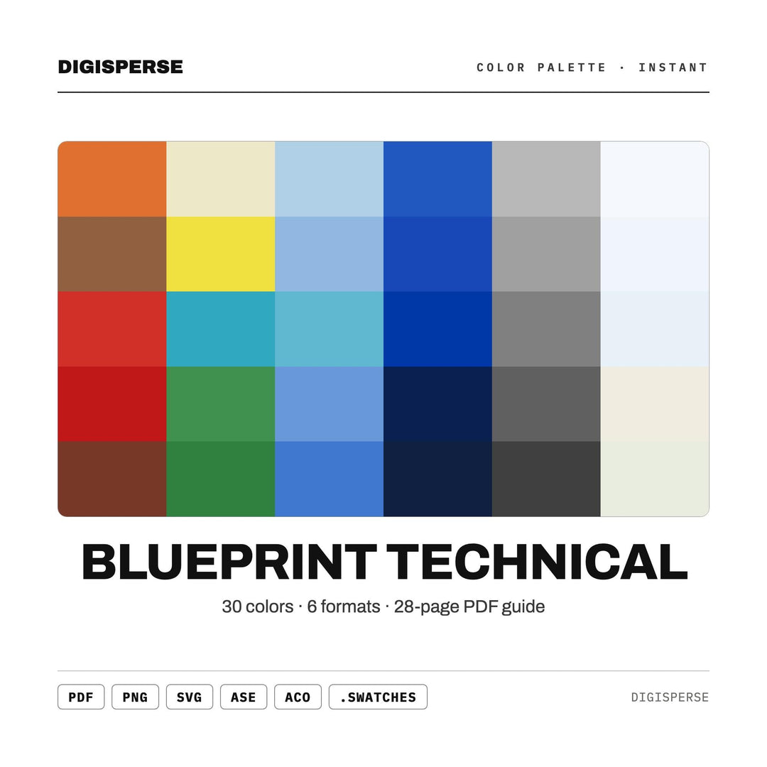 Blueprint Technical Color Palette | 30 Colors | Hex RGB CMYK | Procreate Swatches + ASE | Digital Download