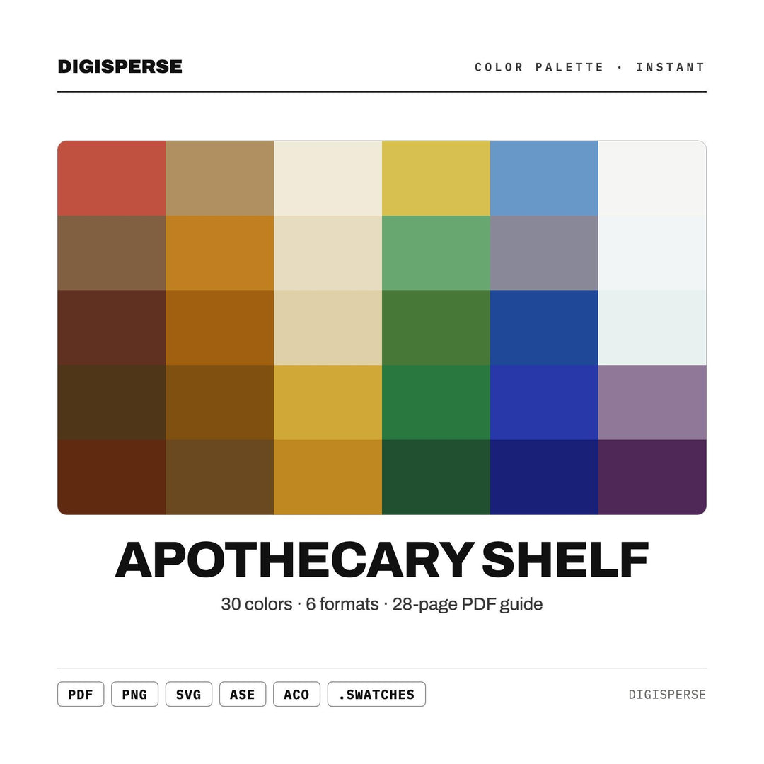 Apothecary Shelf Color Palette | 30 Colors | Hex RGB CMYK | Procreate Swatches + ASE | Digital Download