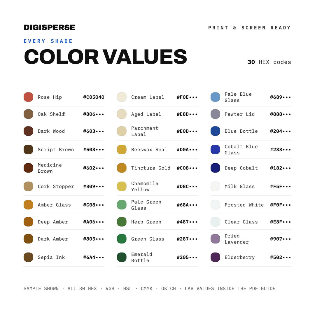 Apothecary Shelf Color Palette | 30 Colors | Hex RGB CMYK | Procreate Swatches + ASE | Digital Download