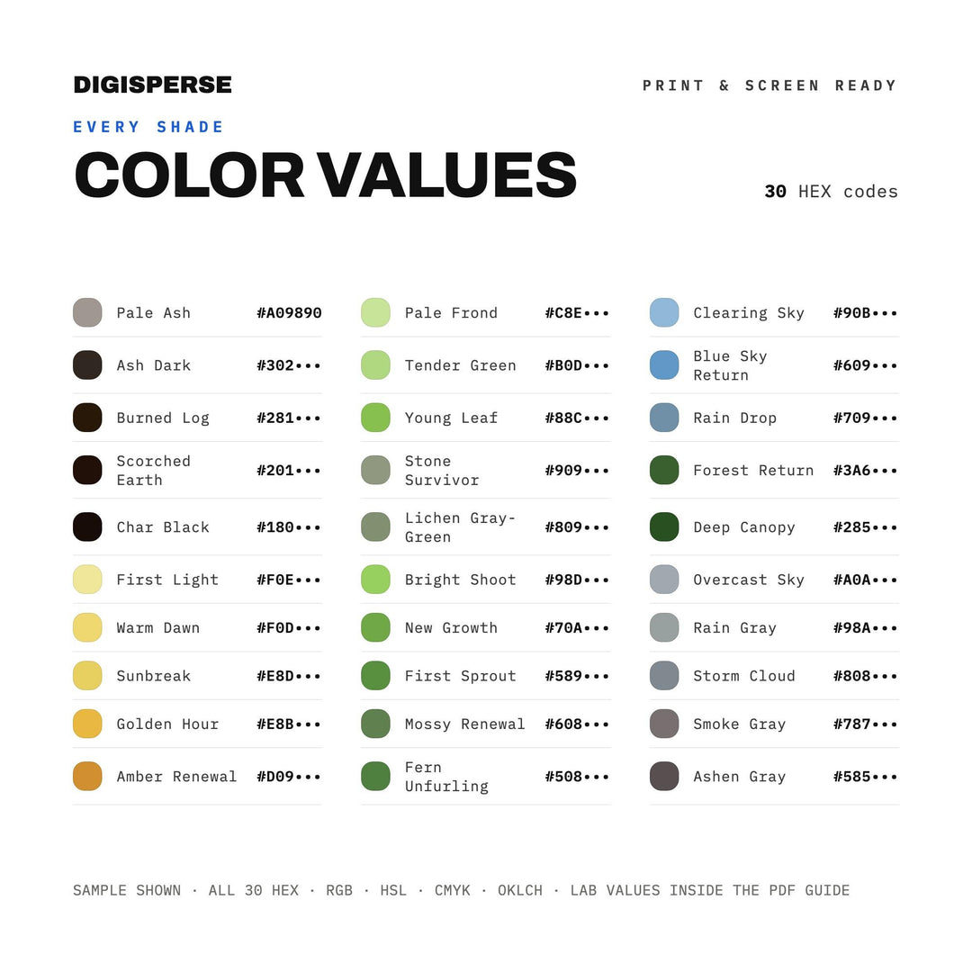 Regrowth Color Palette | 30 Colors | Hex RGB CMYK | Procreate Swatches + ASE | Digital Download
