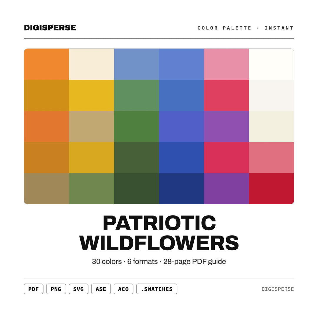 Patriotic Wildflowers Color Palette | 30 Colors | Hex RGB CMYK | Procreate Swatches + ASE | Digital Download