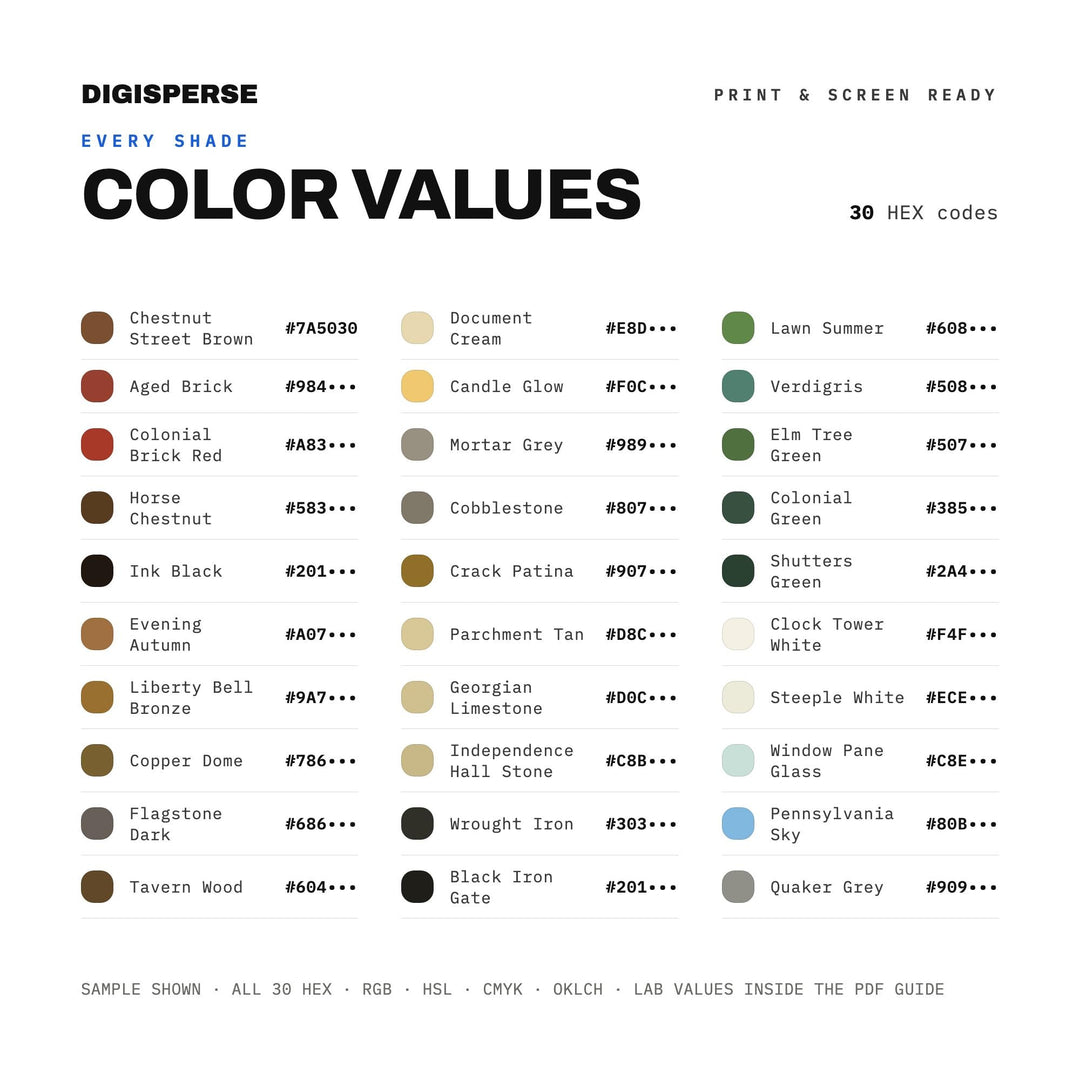 Philadelphia Independence Hall Color Palette | 30 Colors | Hex RGB CMYK | Procreate Swatches + ASE | Digital Download