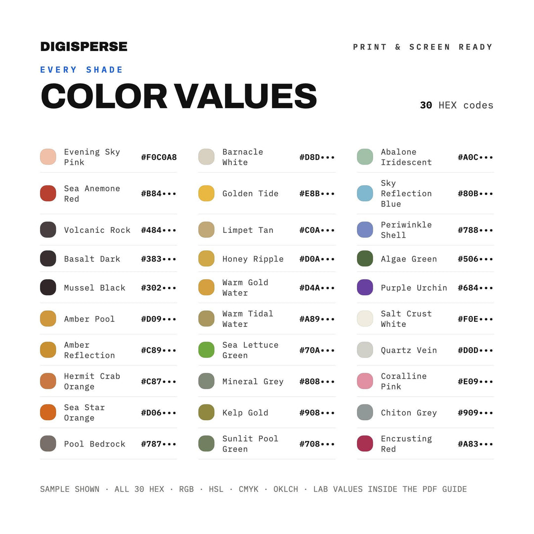 Tide Pool Golden Hour Color Palette | 30 Procreate Swatches, ASE (Digital Download)