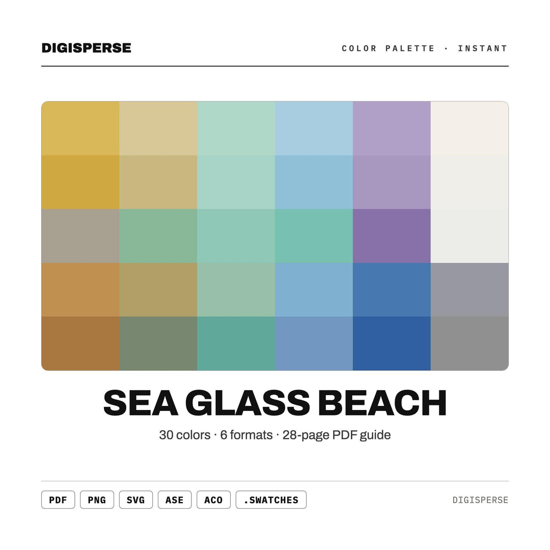 Sea Glass Beach Color Palette | 30 Colors | Hex RGB CMYK | Procreate Swatches + ASE | Digital Download