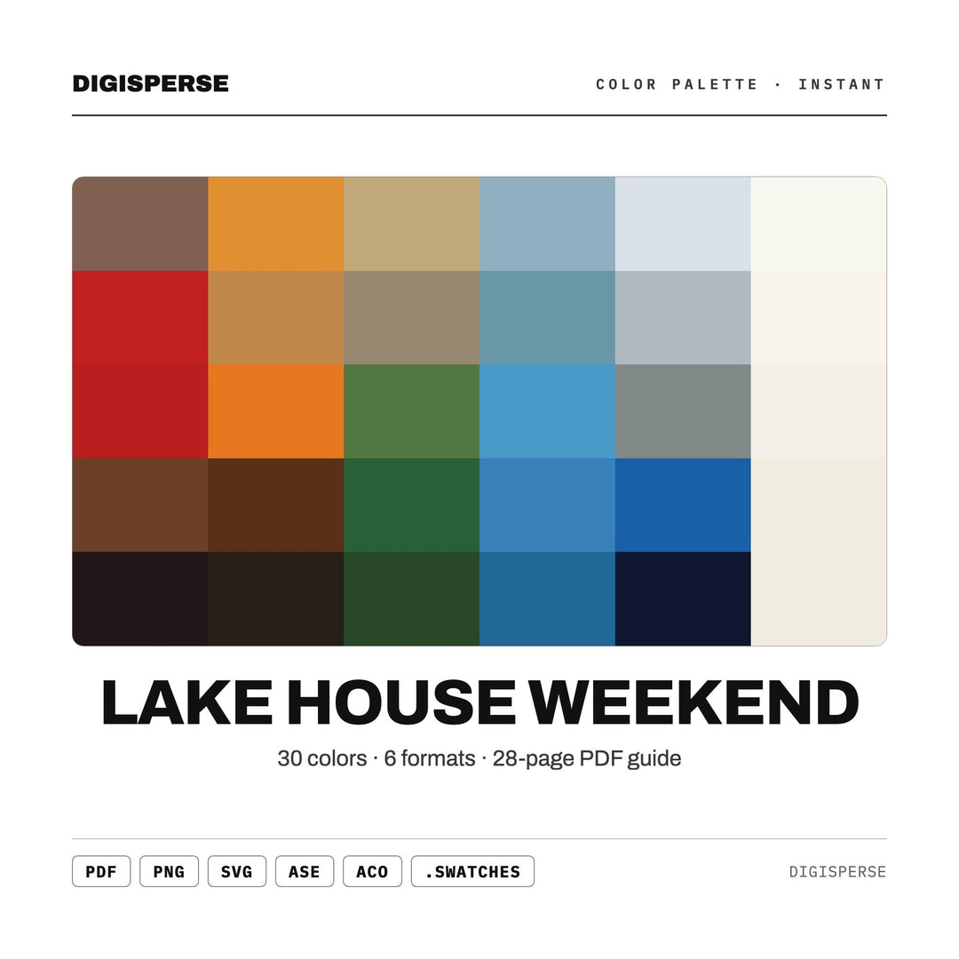 Lake House Weekend Color Palette | 30 Colors | Hex RGB CMYK | Procreate Swatches + ASE | Digital Download