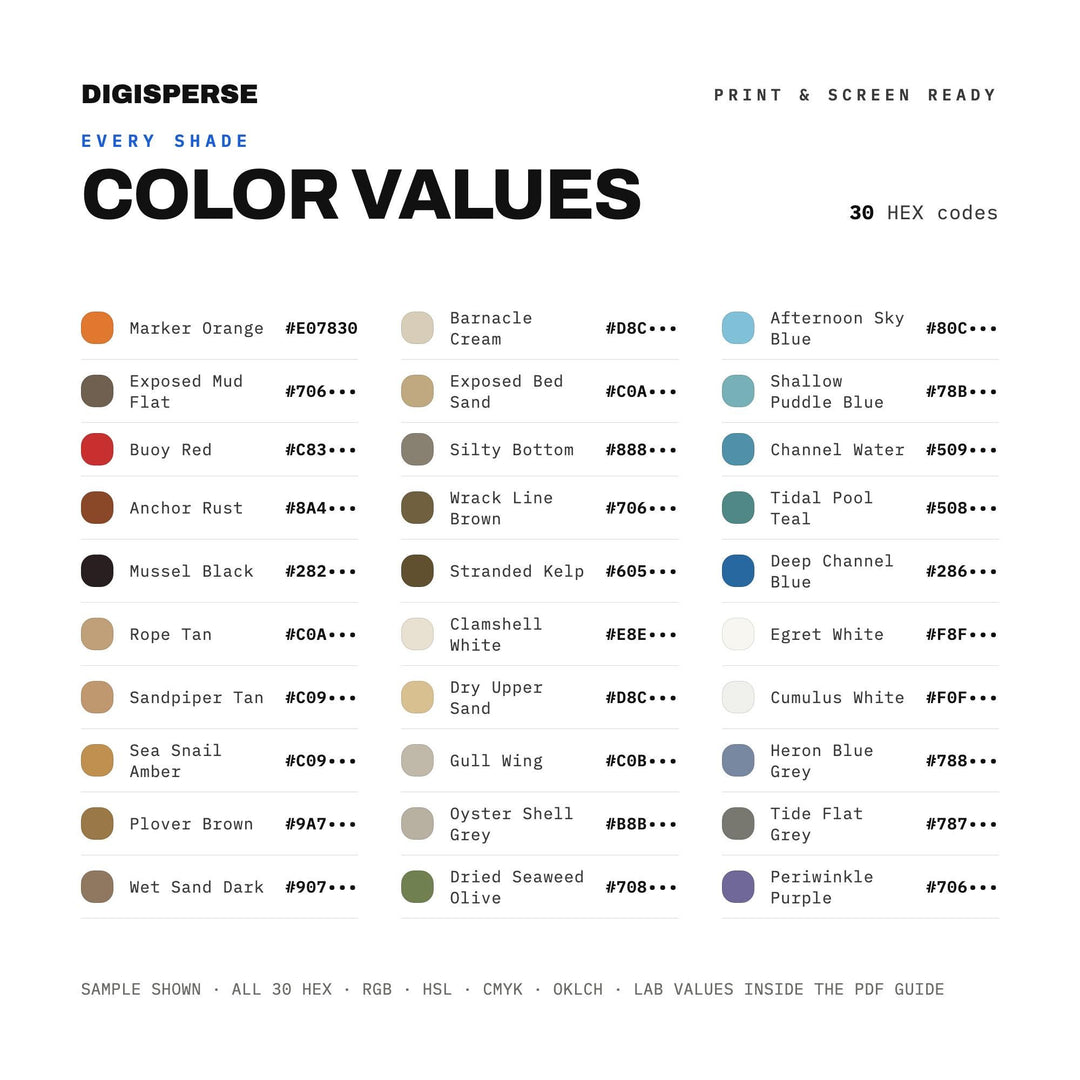 Low Tide Afternoon Color Palette | 30 Colors | Hex RGB CMYK | Procreate Swatches + ASE | Digital Download
