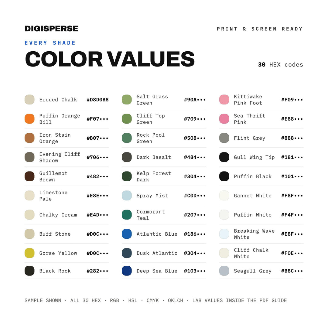 Seabird Coastal Cliffs Color Palette | 30 Procreate Swatches, ASE (Digital Download)