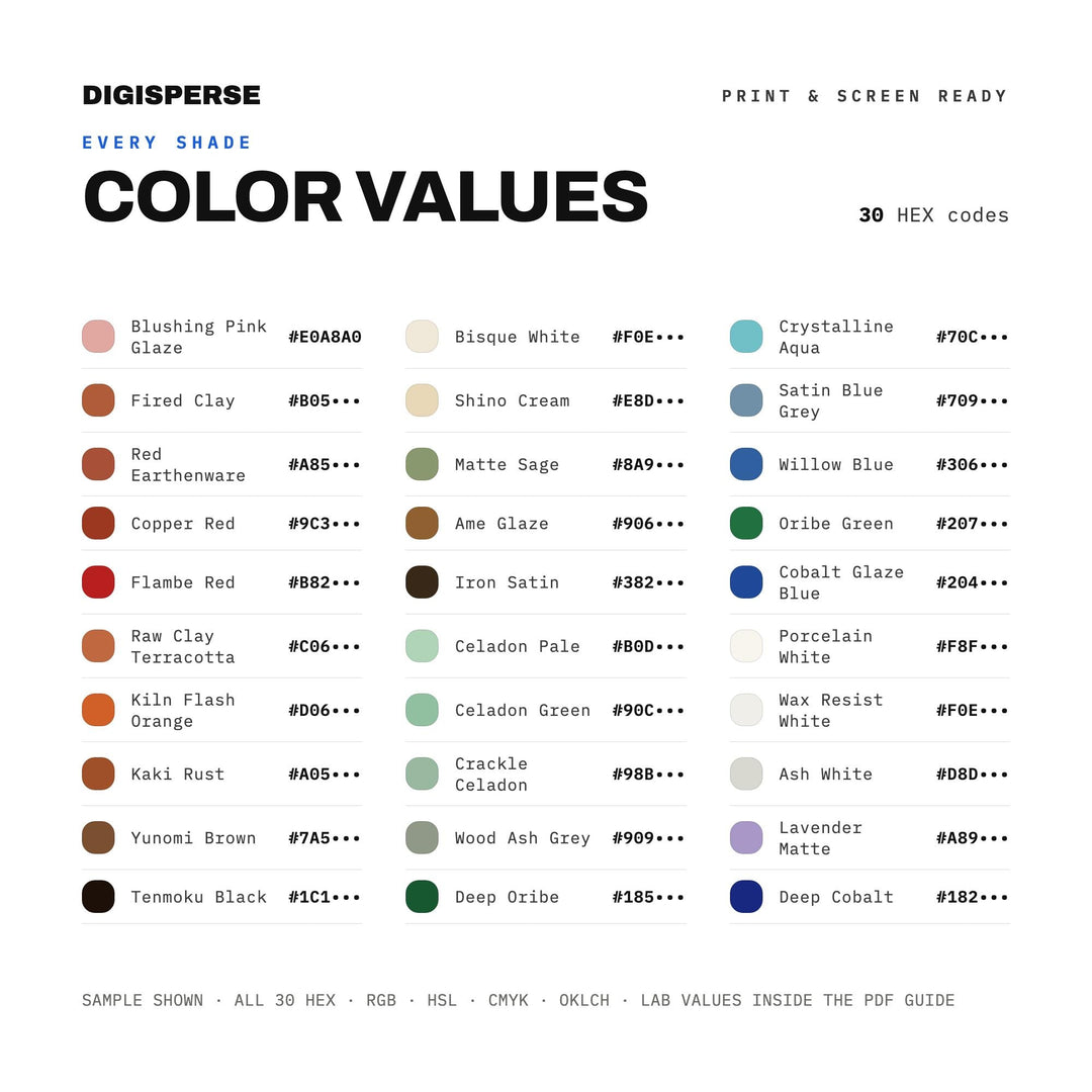 Ceramic Glaze Collection Color Palette | 30 Colors | Hex RGB CMYK | Procreate Swatches + ASE | Digital Download