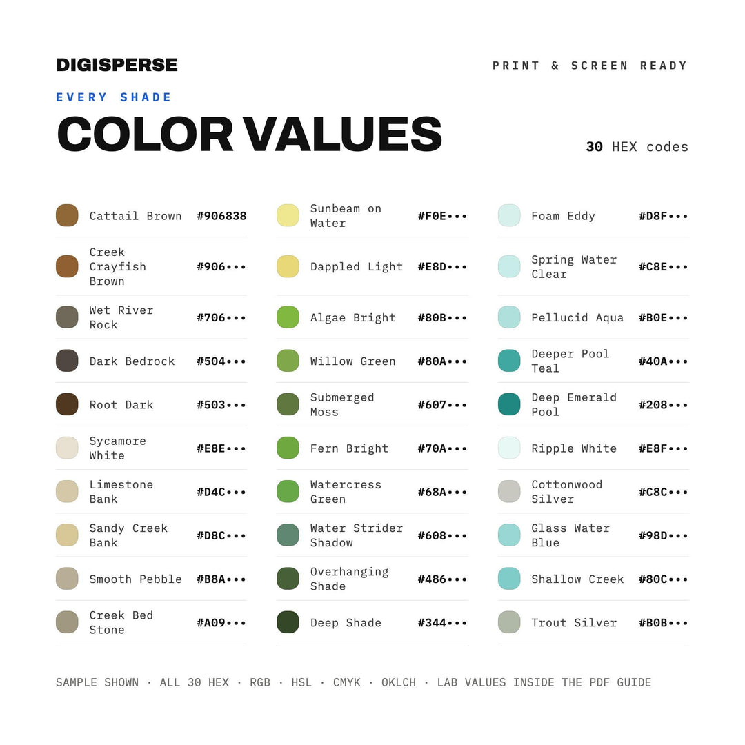 Spring-Fed Creek Color Palette | 30 Colors | Hex RGB CMYK | Procreate Swatches + ASE | Digital Download