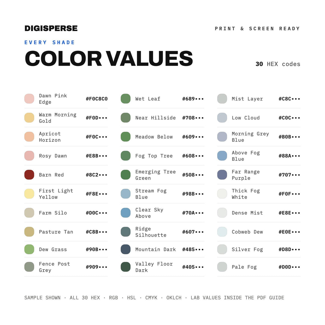 Valley Morning Fog Color Palette | 30 Colors | Hex RGB CMYK | Procreate Swatches + ASE | Digital Download