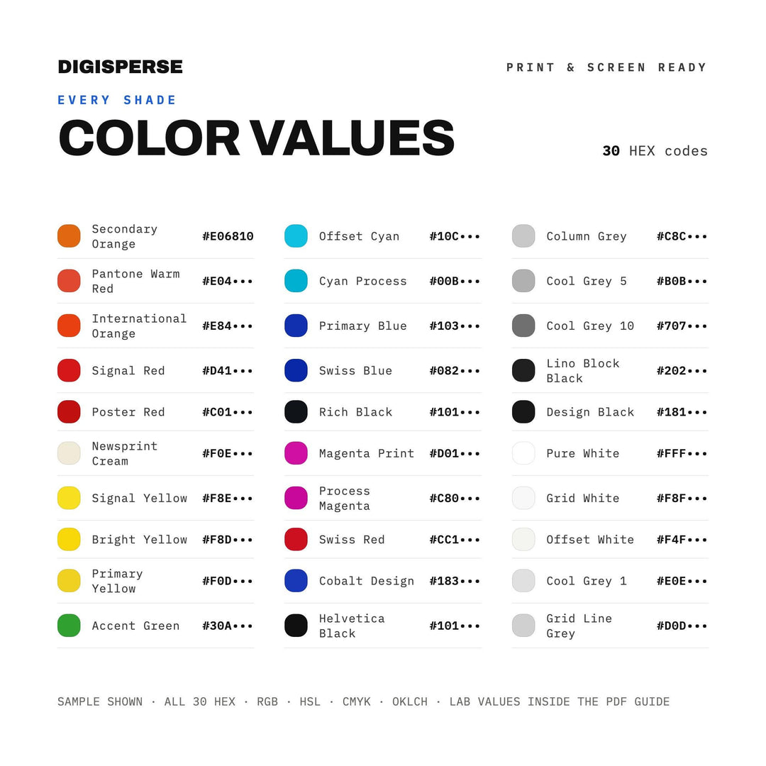 Swiss Poster Design Color Palette | 30 Colors | Hex RGB CMYK | Procreate Swatches + ASE | Digital Download